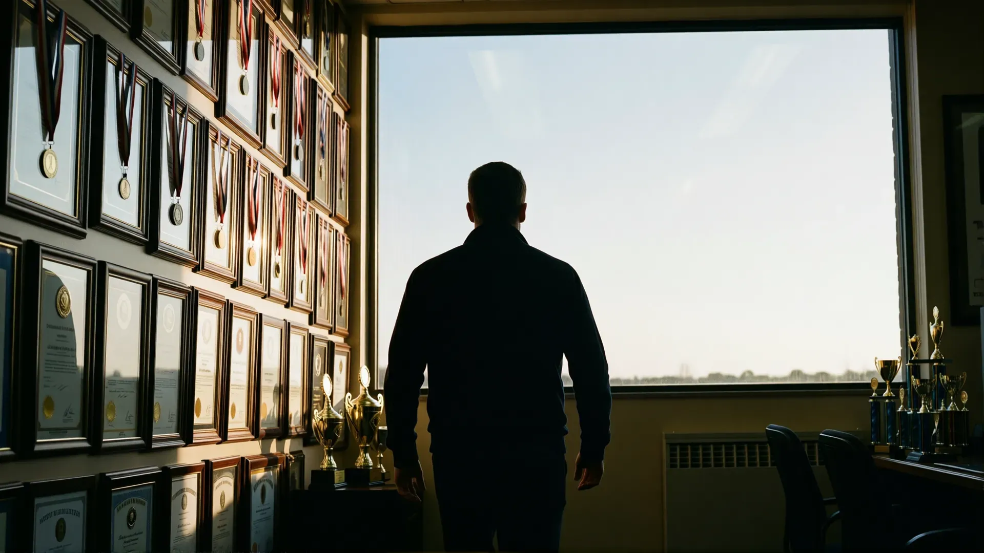 A man in silhouette standing between a wall of framed certificates, medals and trophies and a large bright window, turned toward the open daylight