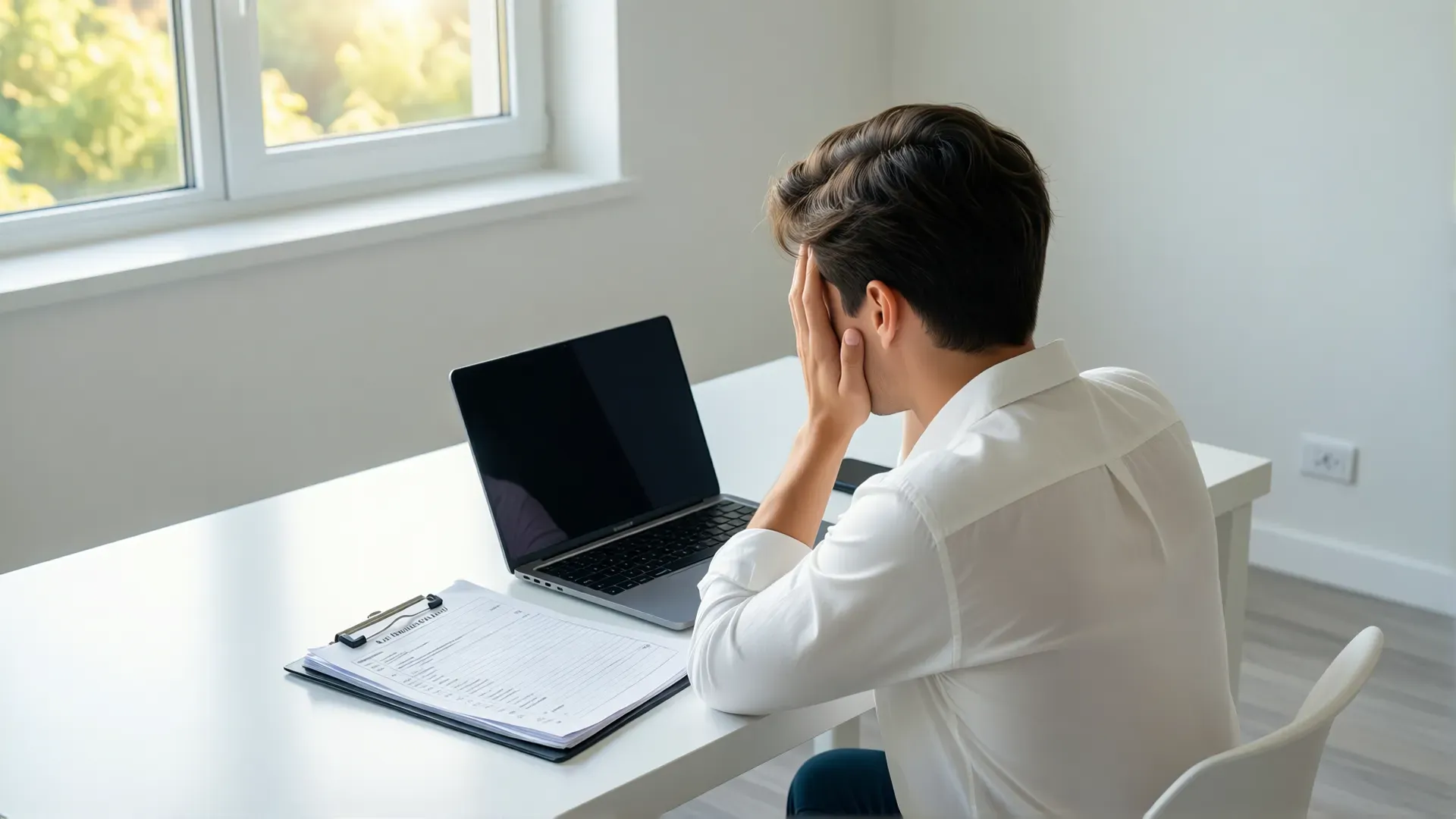A person sitting at a clean white desk in bright daylight, resting their head against one hand beside a laptop and an abandoned to-do list