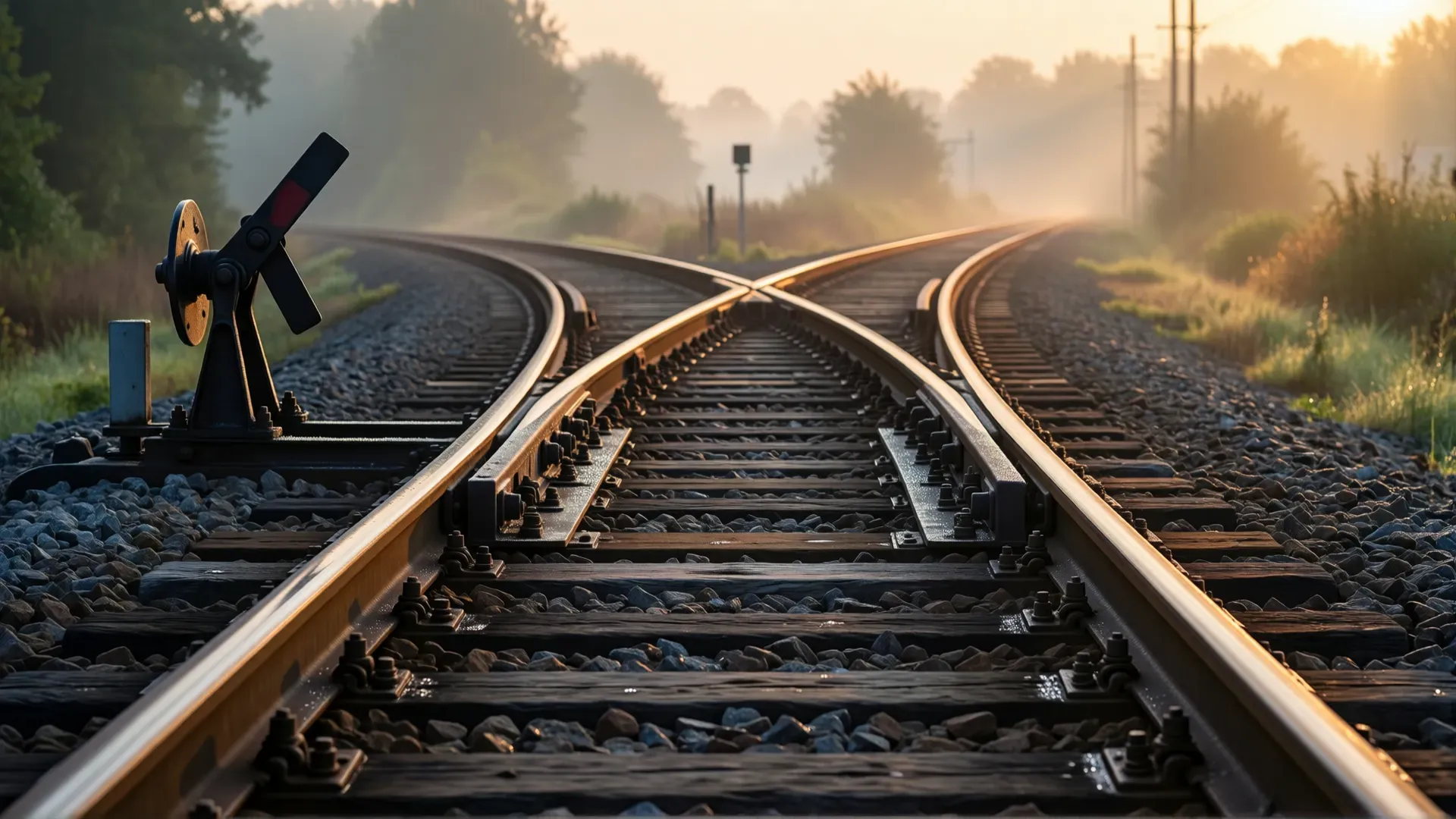 A railway track switch at dawn, its lever thrown so two converging rails merge into a single track running into morning mist