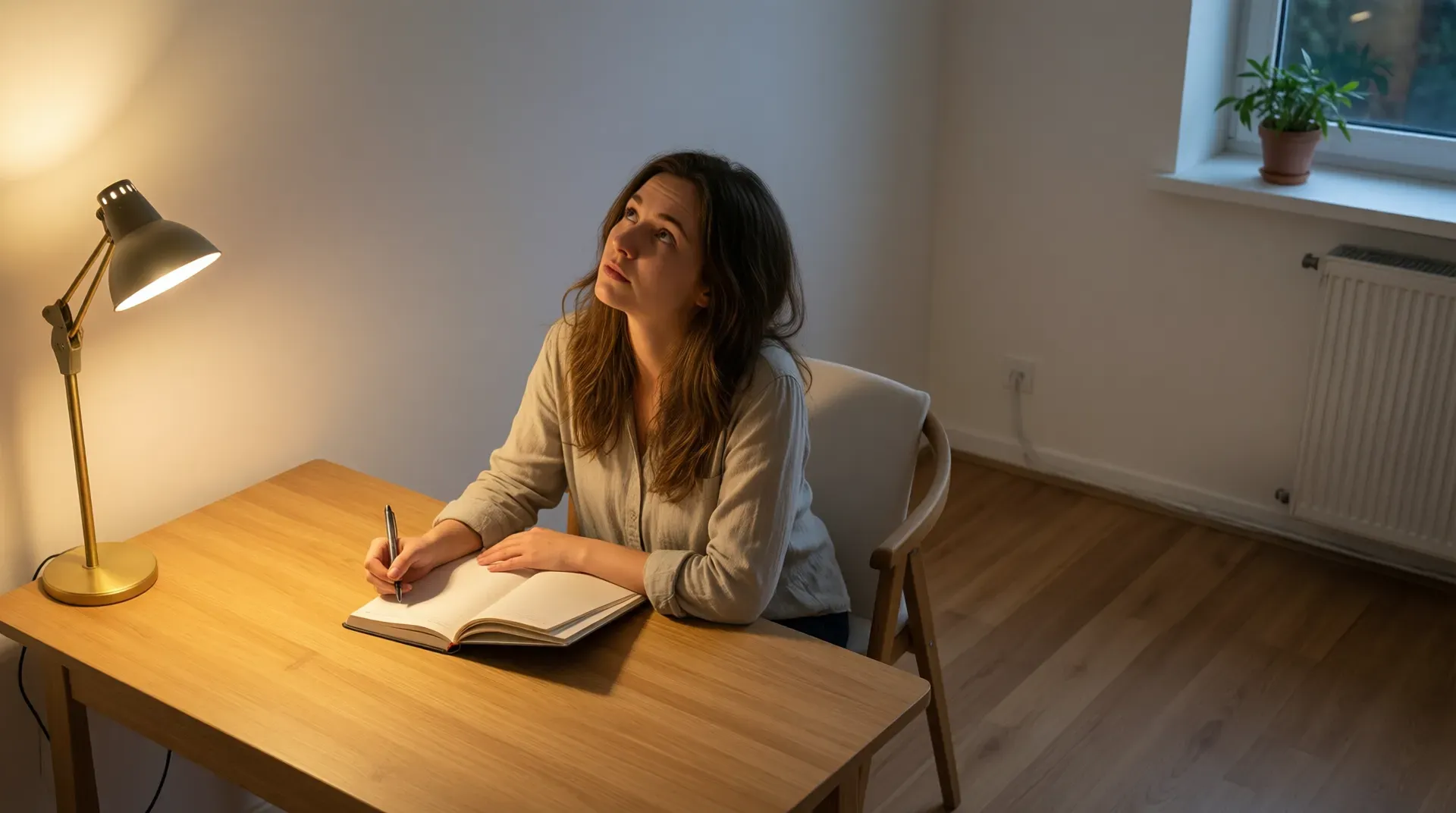 Person seated at a plain desk with an open journal and pen paused, leaning back in quiet self-reckoning, warm lamp light