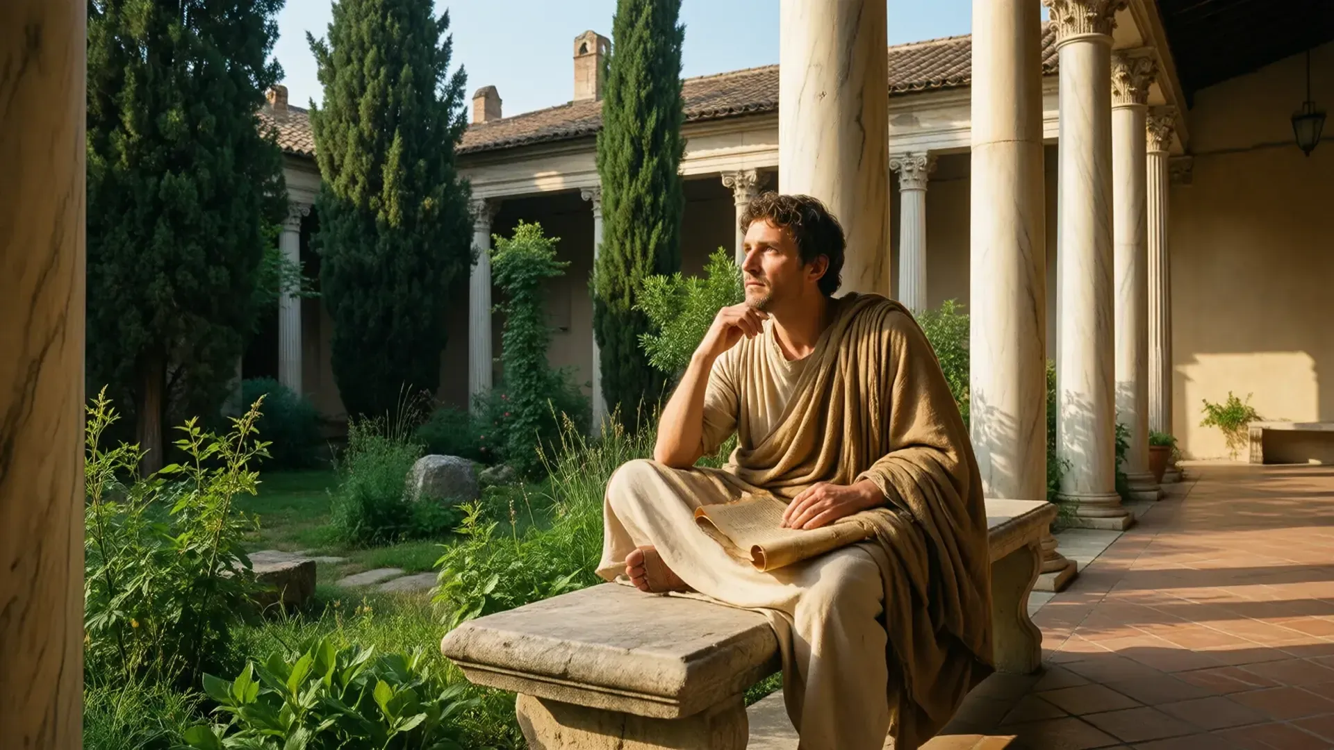 A Roman philosopher seated alone in a sunlit peristyle garden, papyrus scroll in hand, gazing upward in contemplative thought