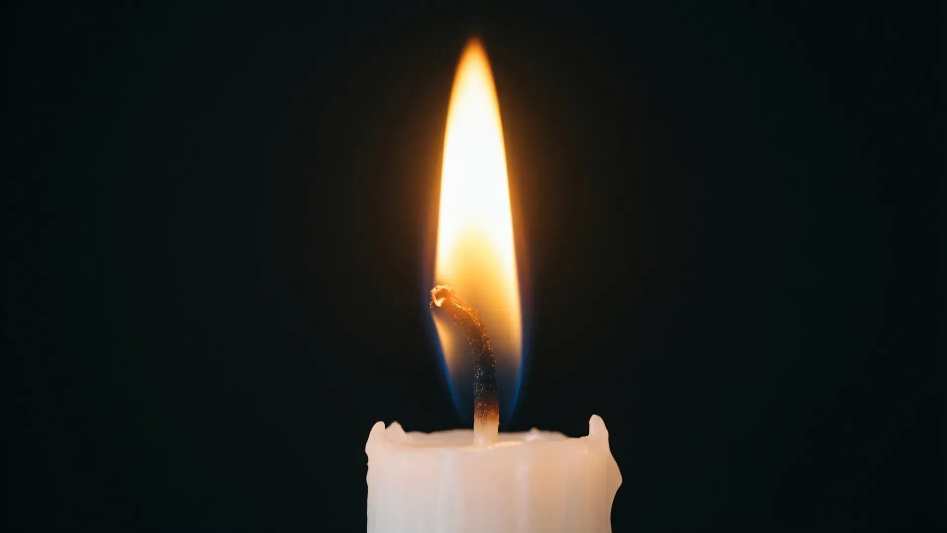 A single white candle flame burning against a pure black background — steady, contained, neither extinguished nor blazing.