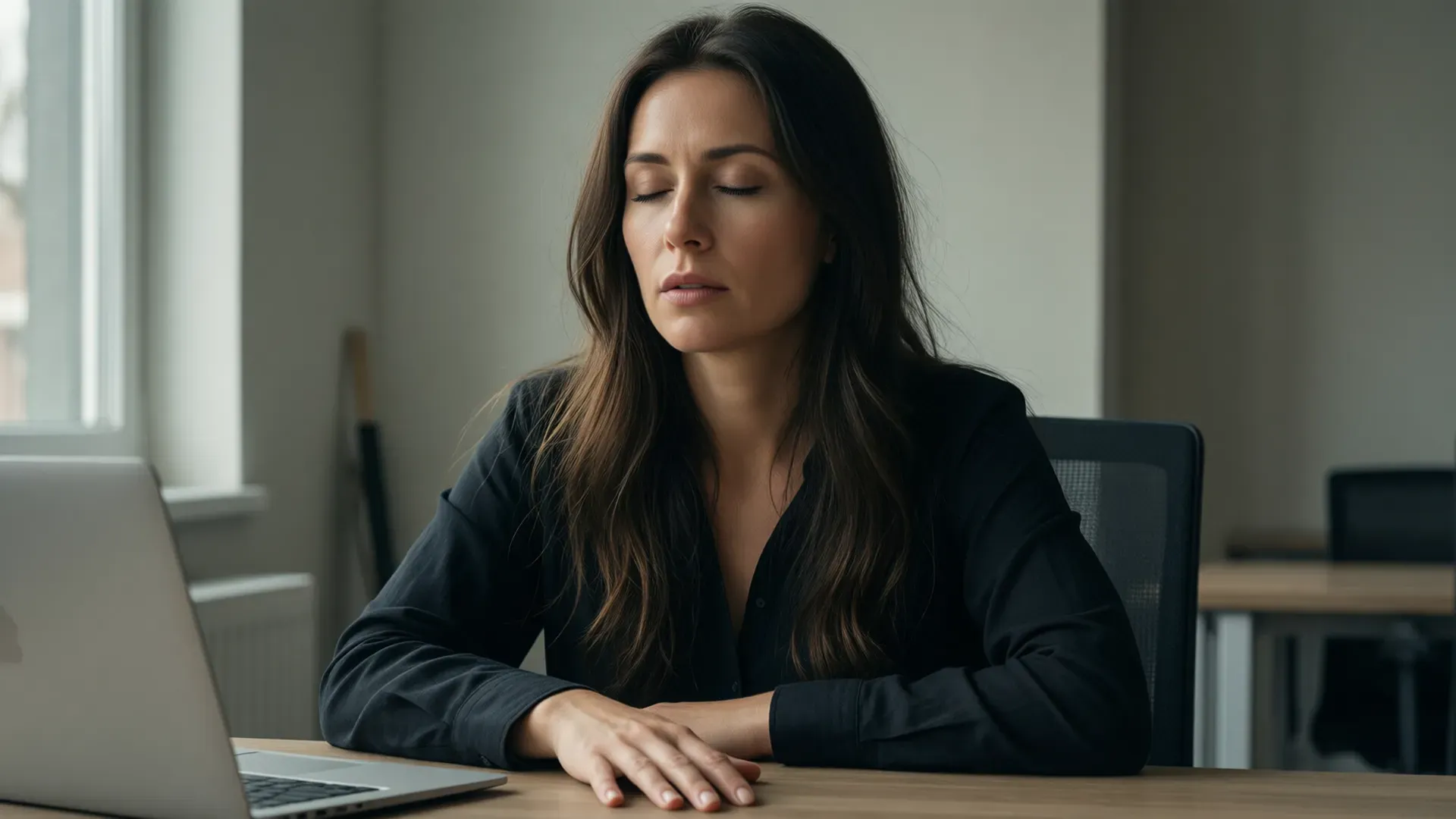 A woman at her office desk, eyes closed, hand resting flat on the surface — the pause between provocation and response
