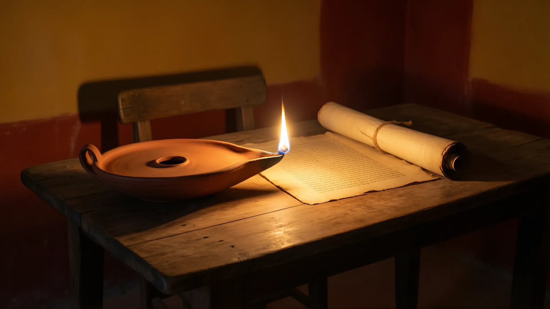 A Roman terracotta oil lamp burning on a wooden table at night beside a half-unrolled papyrus scroll covered in small handwriting, an empty chair pushed back behind the table in the darkness