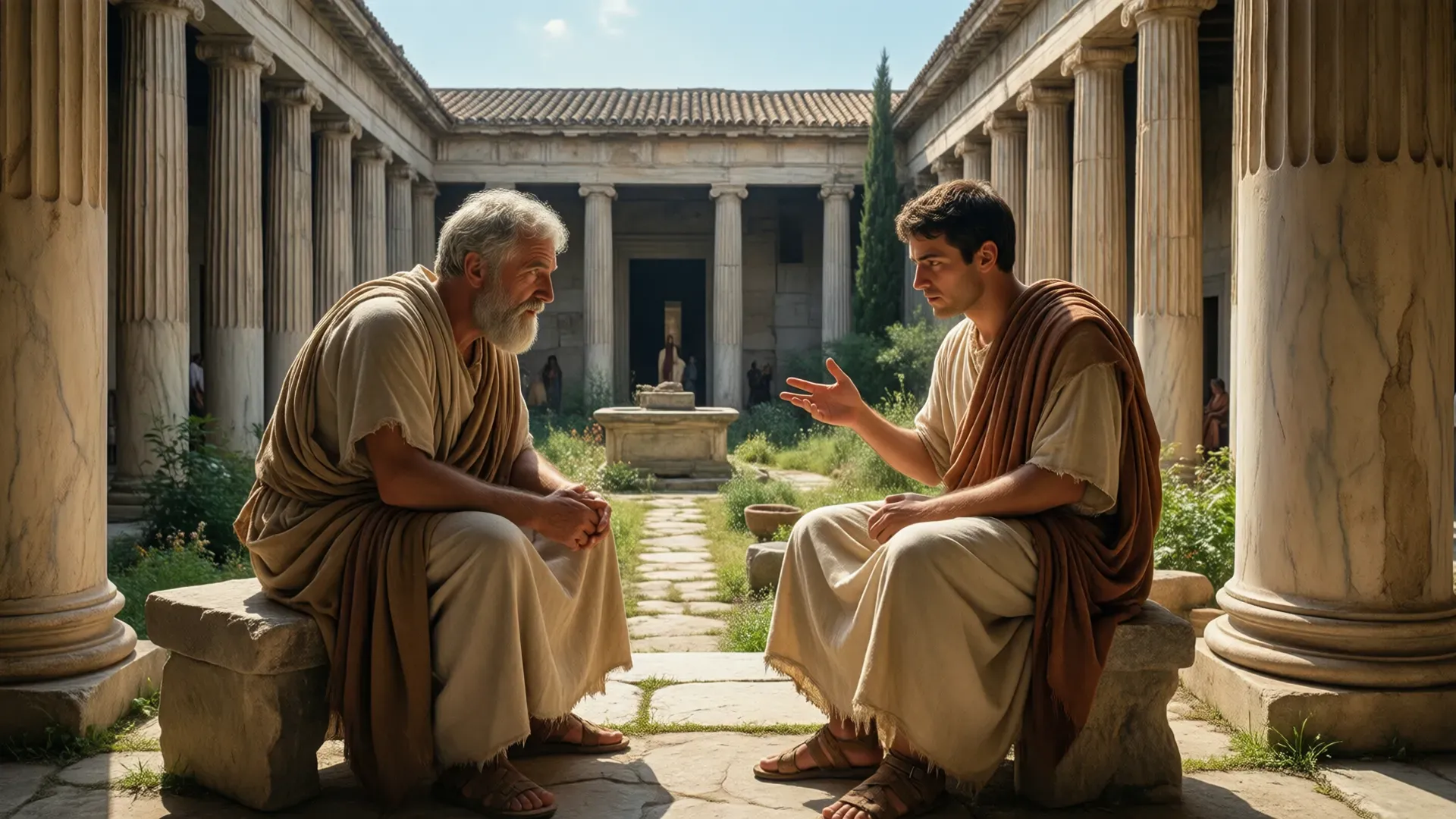 Epictetus in dialogue with a student in a Roman peristyle courtyard