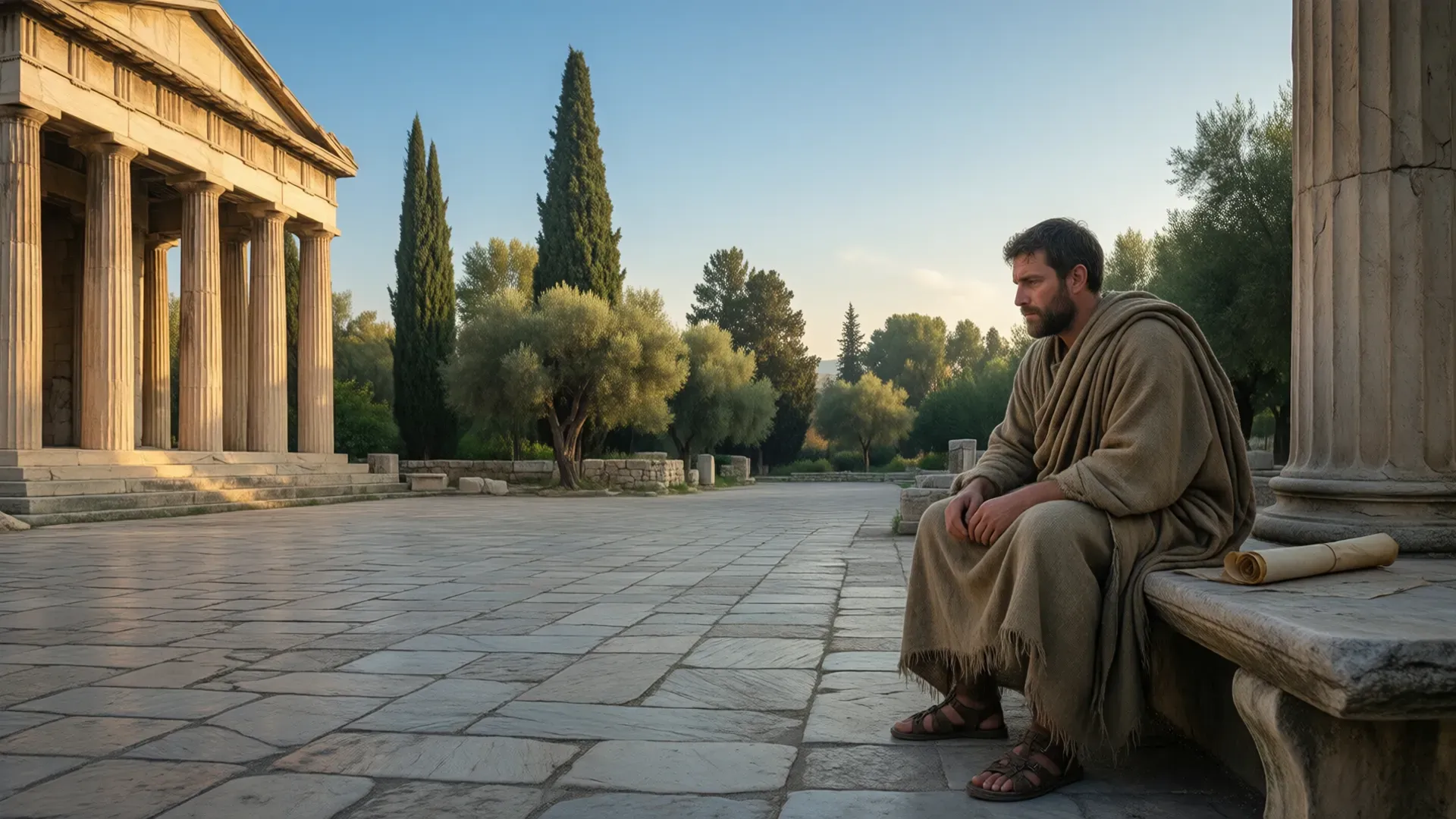 A lone figure in a rough wool cloak seated on a stone bench in an empty Athenian agora at dawn, a Doric temple to his left and olive trees behind