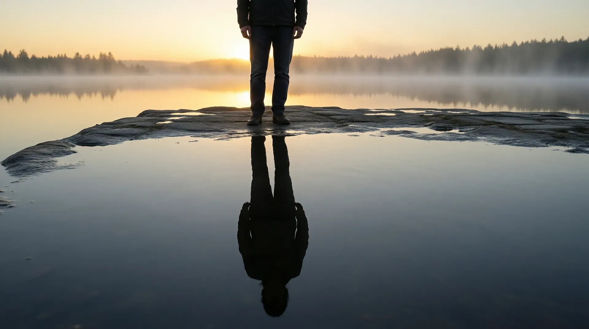 A lone figure standing at the edge of still water at dawn, their full reflection mirrored below in a misty lakeside scene