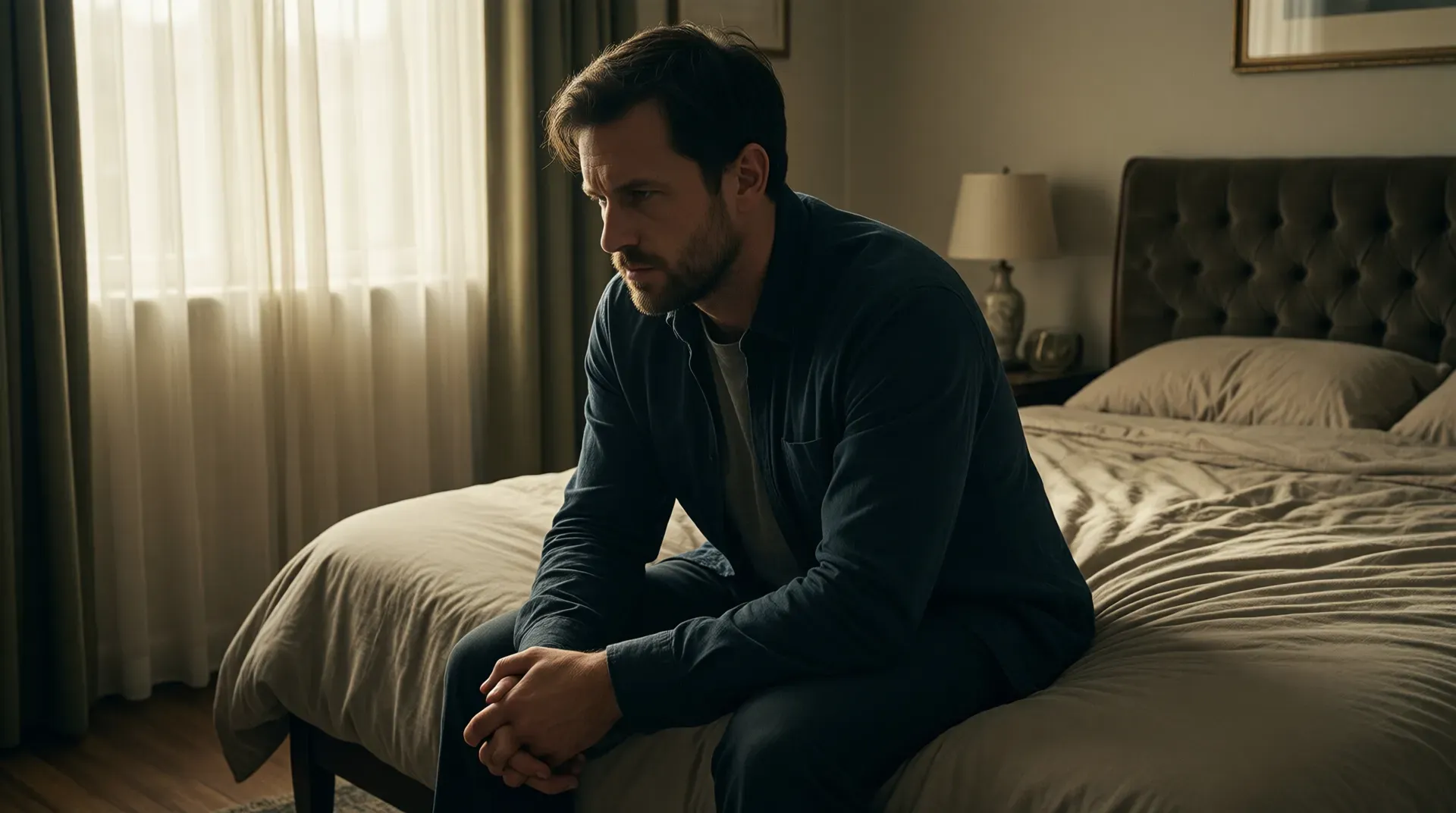 Man sitting alone on the edge of a bed, elbows on knees, head bowed, in a dimly lit bedroom with afternoon light through curtains