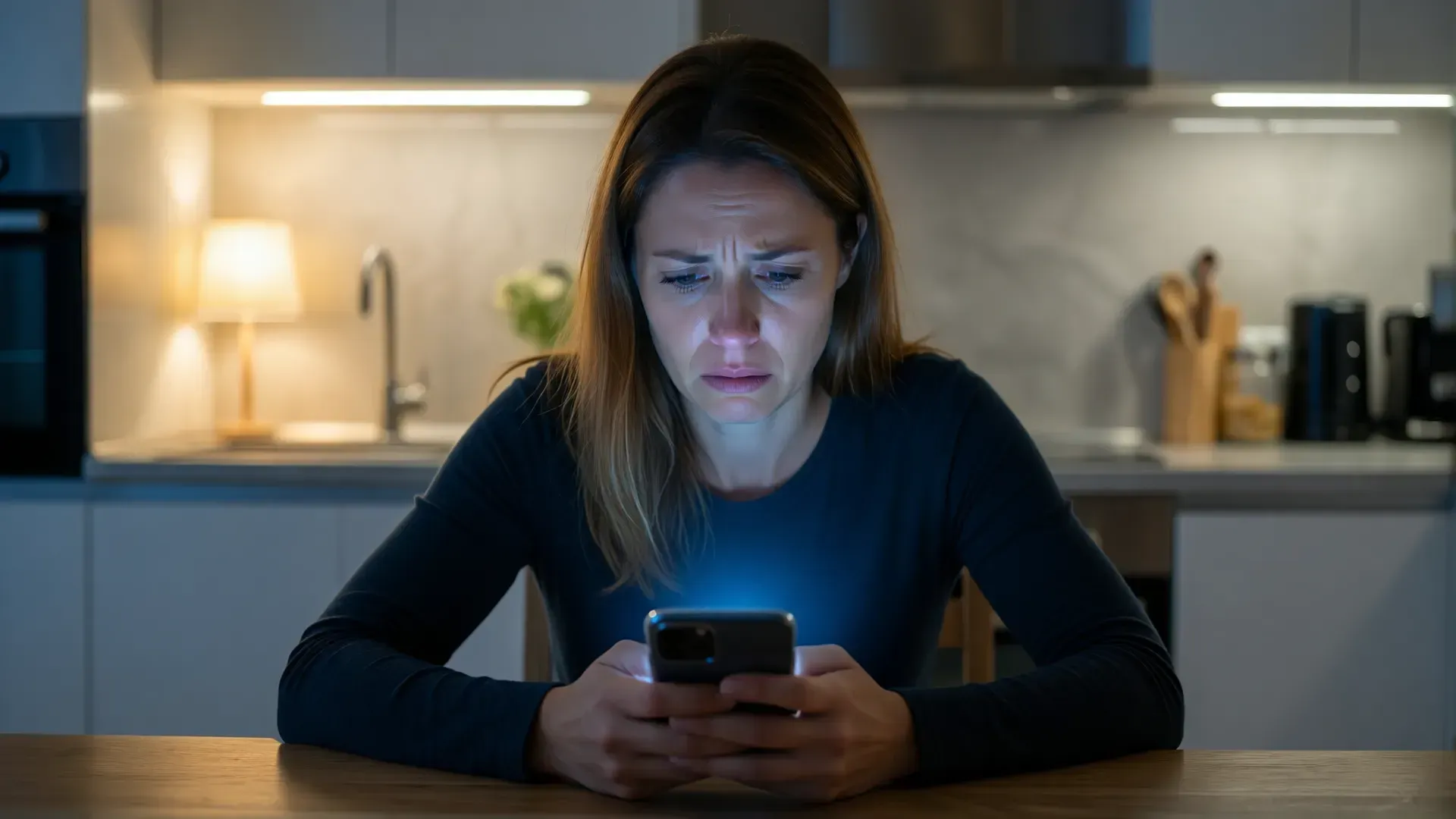A woman sitting alone at a kitchen table at night, lit by the glow of her phone, reading it with a troubled, uncertain expression.