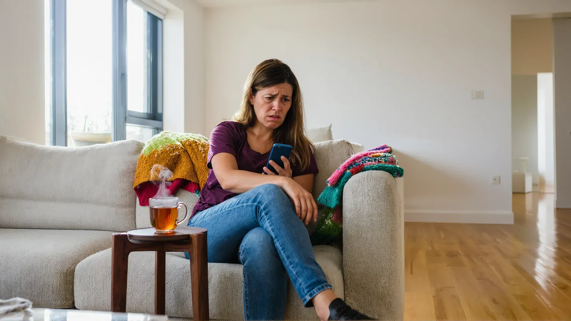 A woman sitting on a sofa with a cup of tea steaming untouched beside her, frowning at her phone instead of resting