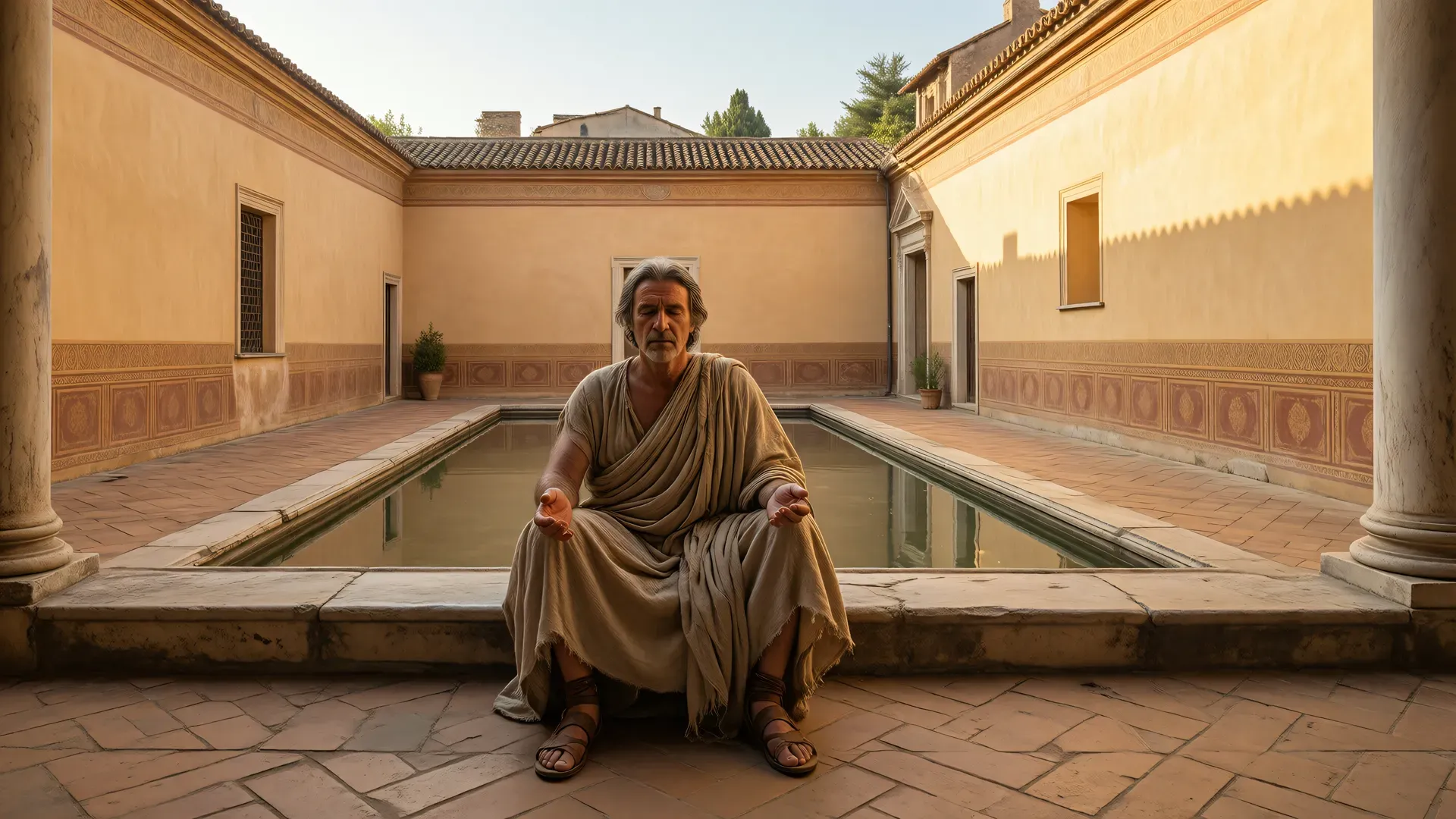 Stoic philosopher seated beside a still reflecting pool in a Roman peristyle courtyard, eyes closed, hands open on knees in a posture of deliberate pause.