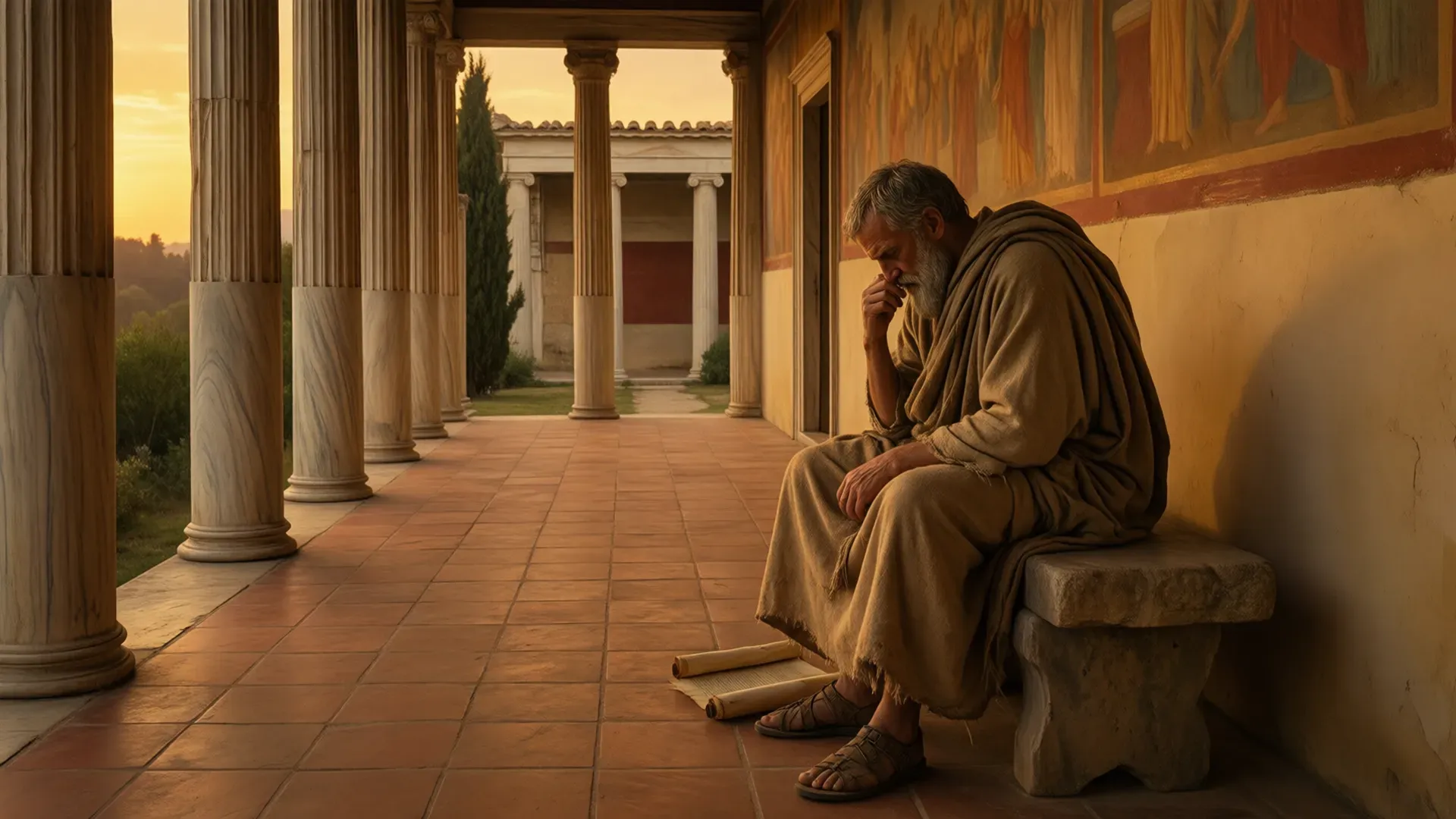 Socrates seated alone in an Athenian peristyle courtyard at dusk, head bowed in quiet reflection, hand raised to chin in thought