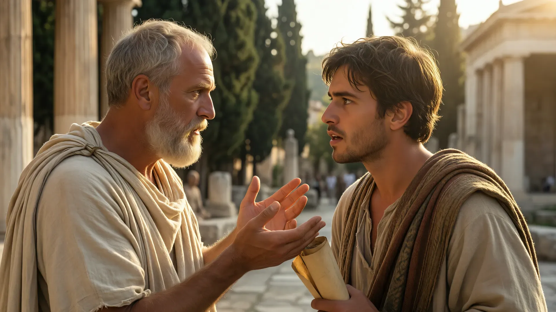 An older bearded philosopher in a linen himation gesturing palm-up toward a younger man holding a papyrus scroll, both facing each other on the Athenian agora, cypress trees and marble columns behind, warm golden light