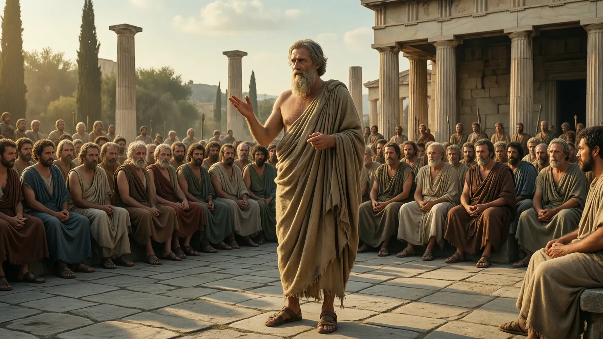 Socrates addressing a seated crowd in an open Athenian court, gesturing mid-speech