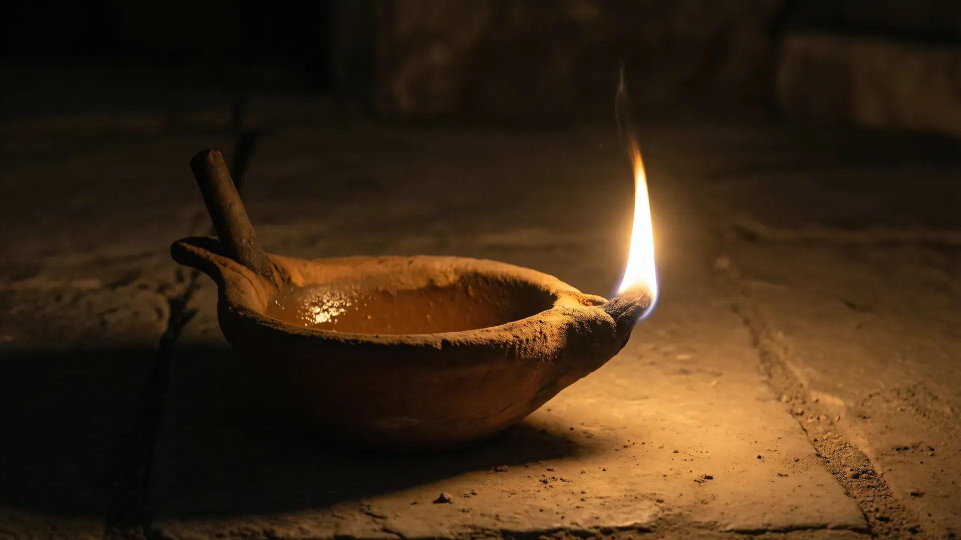 Roman terracotta oil lamp burning alone on a dark stone floor, its flame casting light only on the clay dish below — nothing beyond