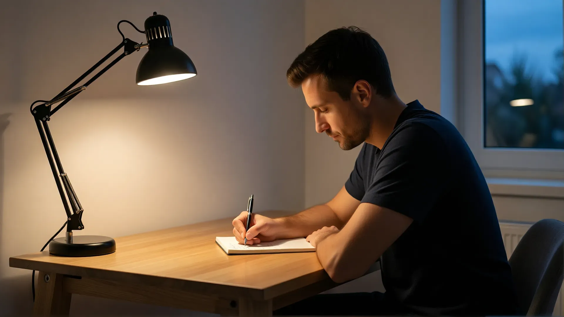 A man writing by hand in a notebook at a wooden desk under a single warm lamp at night