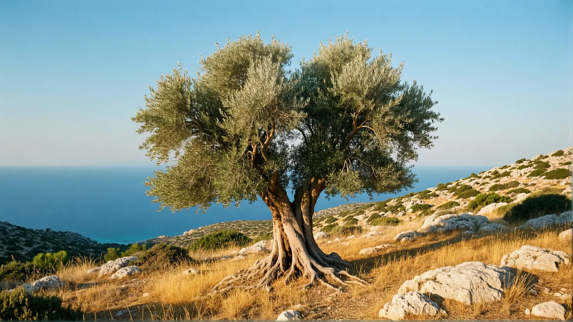 An ancient olive tree with one thick trunk dividing into many branches, growing on a dry Greek hillside above the blue Aegean sea in golden light