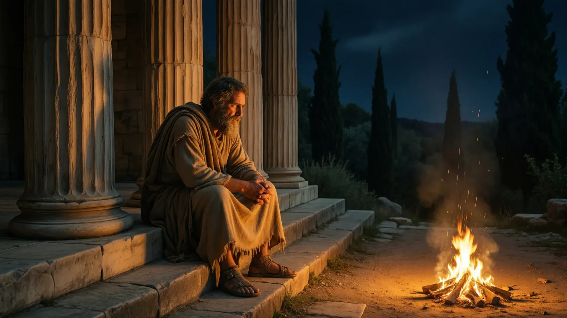 A bearded philosopher in a rough wool cloak seated alone on stone temple steps at night, a small fire burning behind him, gazing forward into darkness
