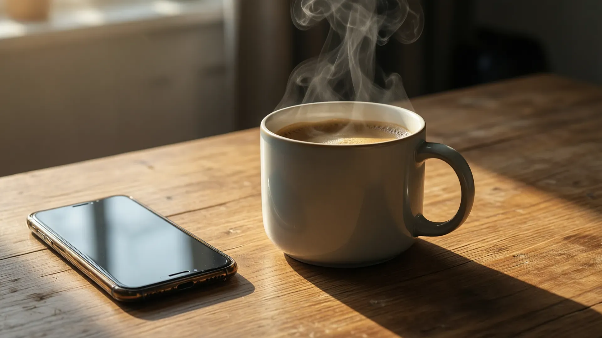 Steaming coffee mug and smartphone lying screen-up on a wooden desk in warm morning light