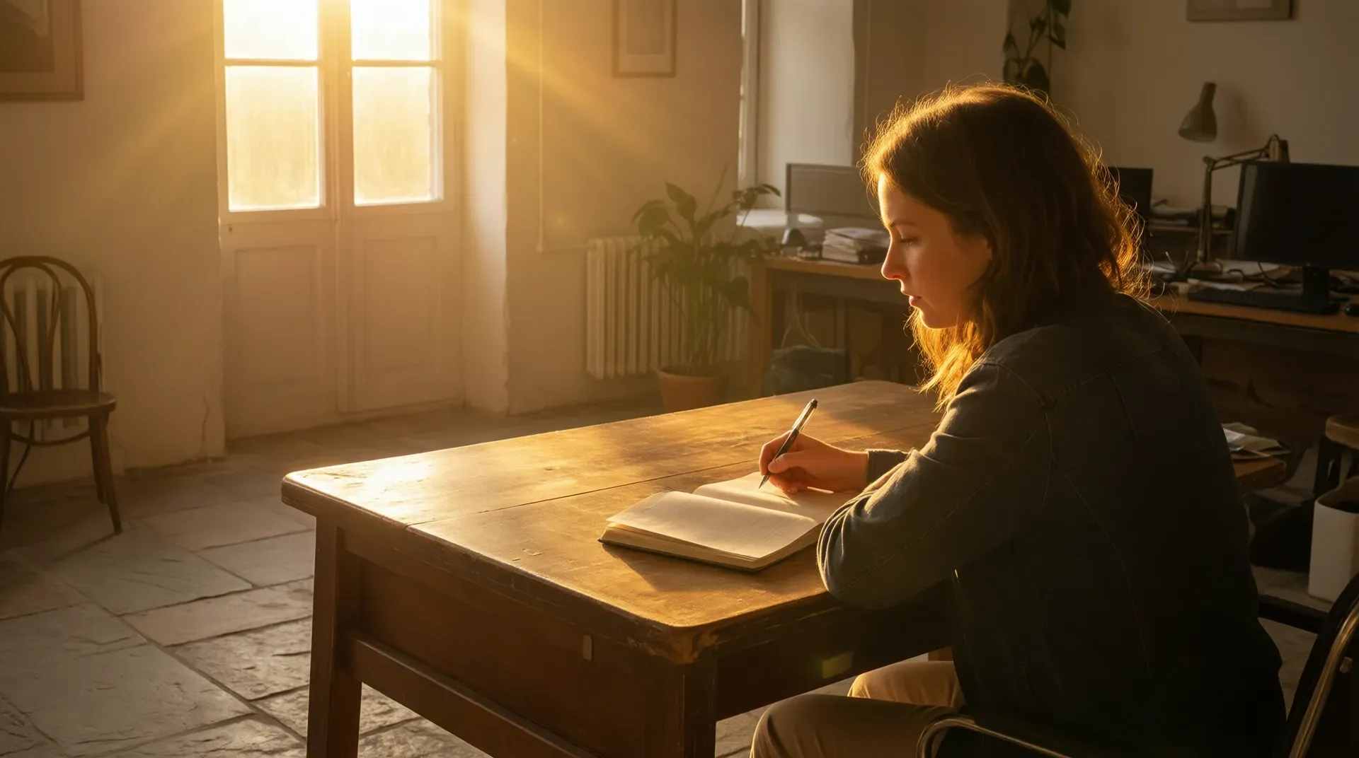 A woman writing in a journal at a large wooden desk bathed in strong late-afternoon sunlight through tall windows, focused and still