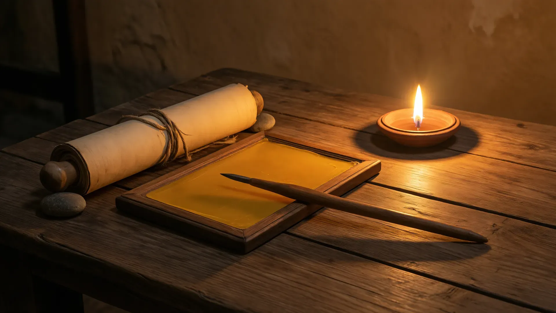 A plain wooden writing table in warm candlelight: an unrolled papyrus scroll weighted open by two river stones, a wooden-framed wax tablet with a stylus resting across it, and a small clay dish holding a single candle flame, deep amber glow against dark shadows