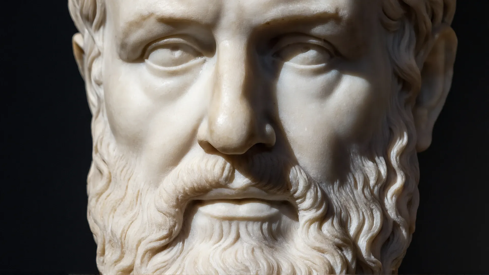 A white marble portrait bust of a bearded ancient philosopher, side-lit against a dark background, the face calm but alert.