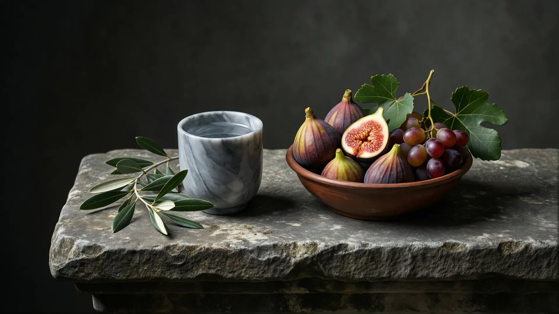 A plain grey marble cup of water and an olive sprig beside a terracotta bowl of figs and grapes on a stone ledge