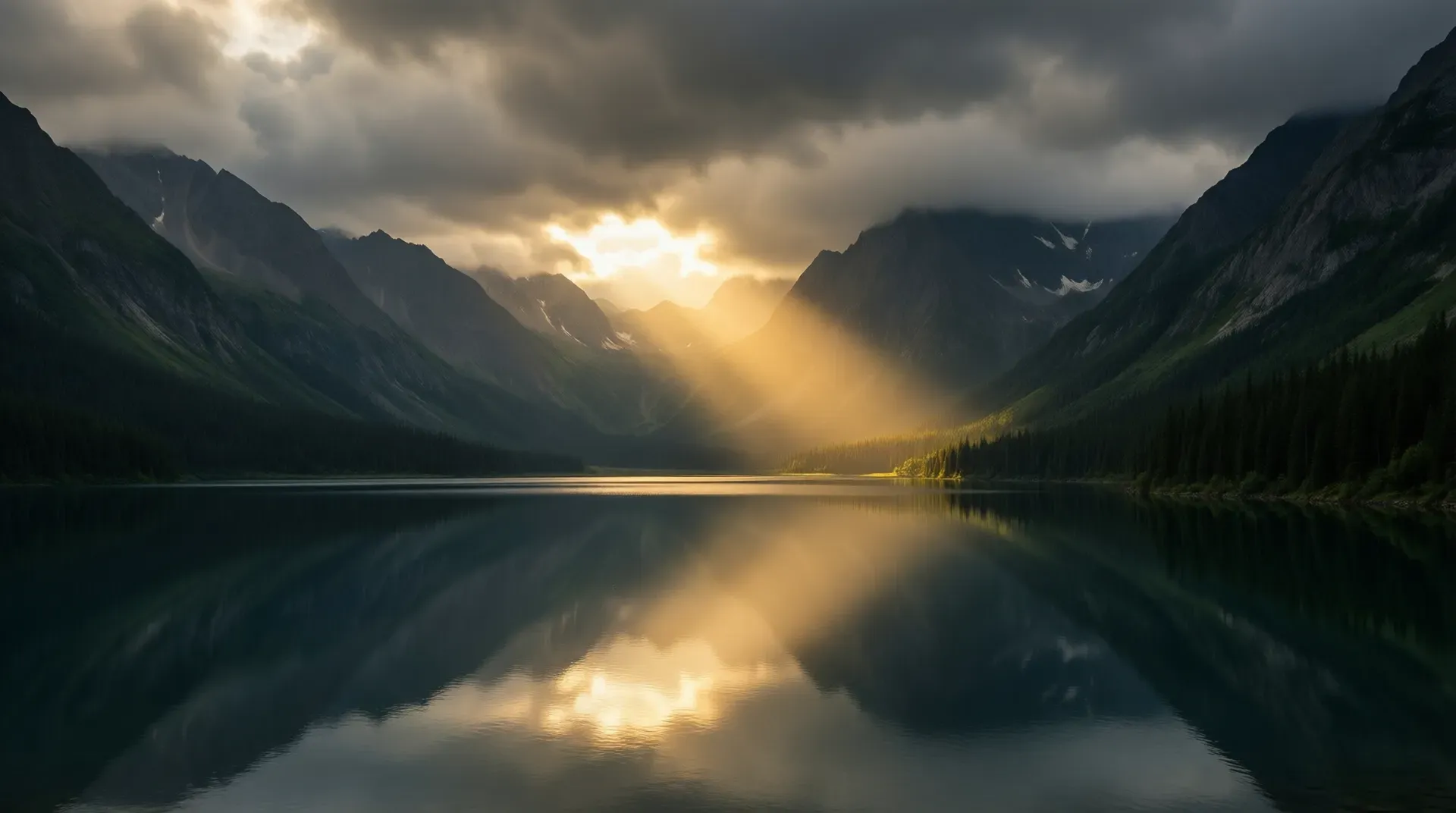 Storm clouds parting over a still mountain lake, a single shaft of warm golden light breaking through onto the water surface
