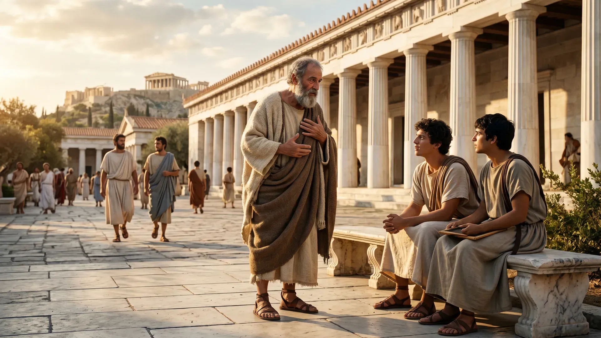 An elderly Greek philosopher in a coarse wool himation gestures to his chest while addressing two young men seated on a marble bench beside the stoa, the Acropolis visible on the hill behind them in warm golden light