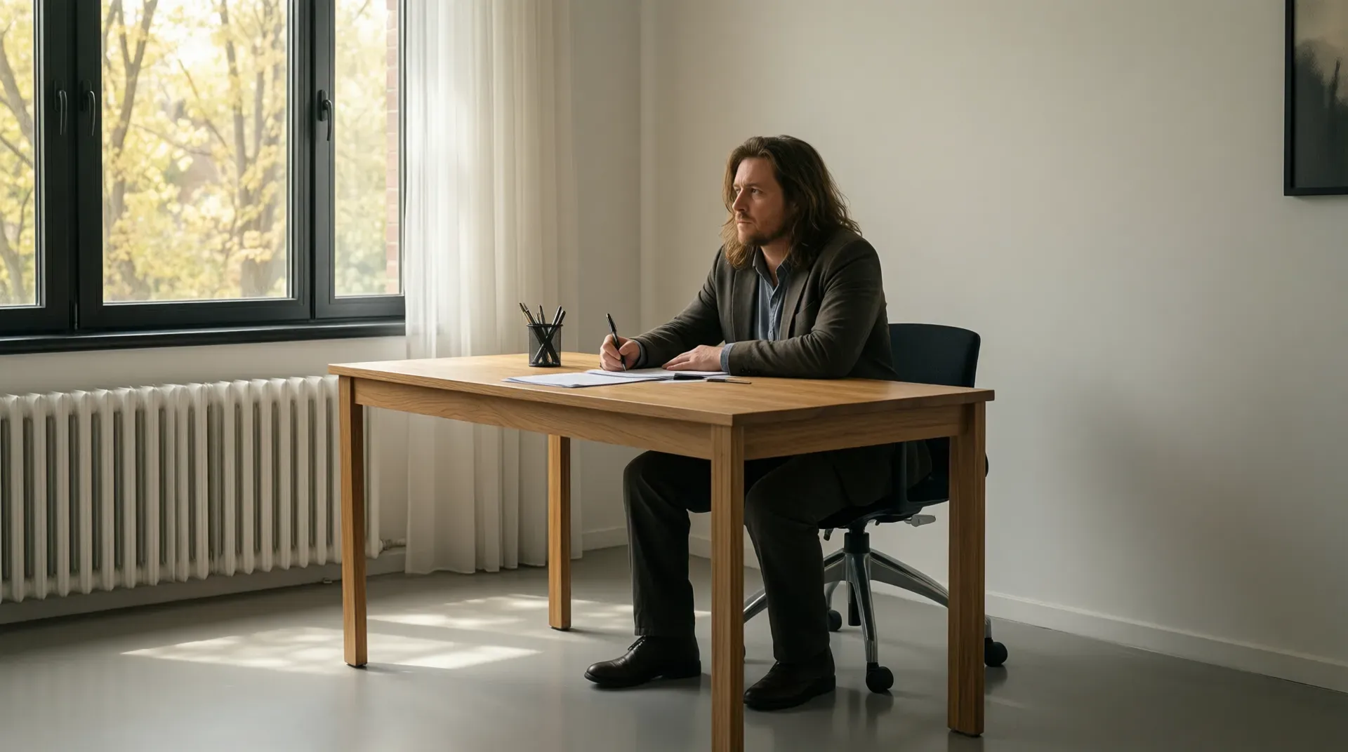 A man seated at a plain wooden desk gazes away from his papers toward a window, pen in hand, in a moment of suspended thought
