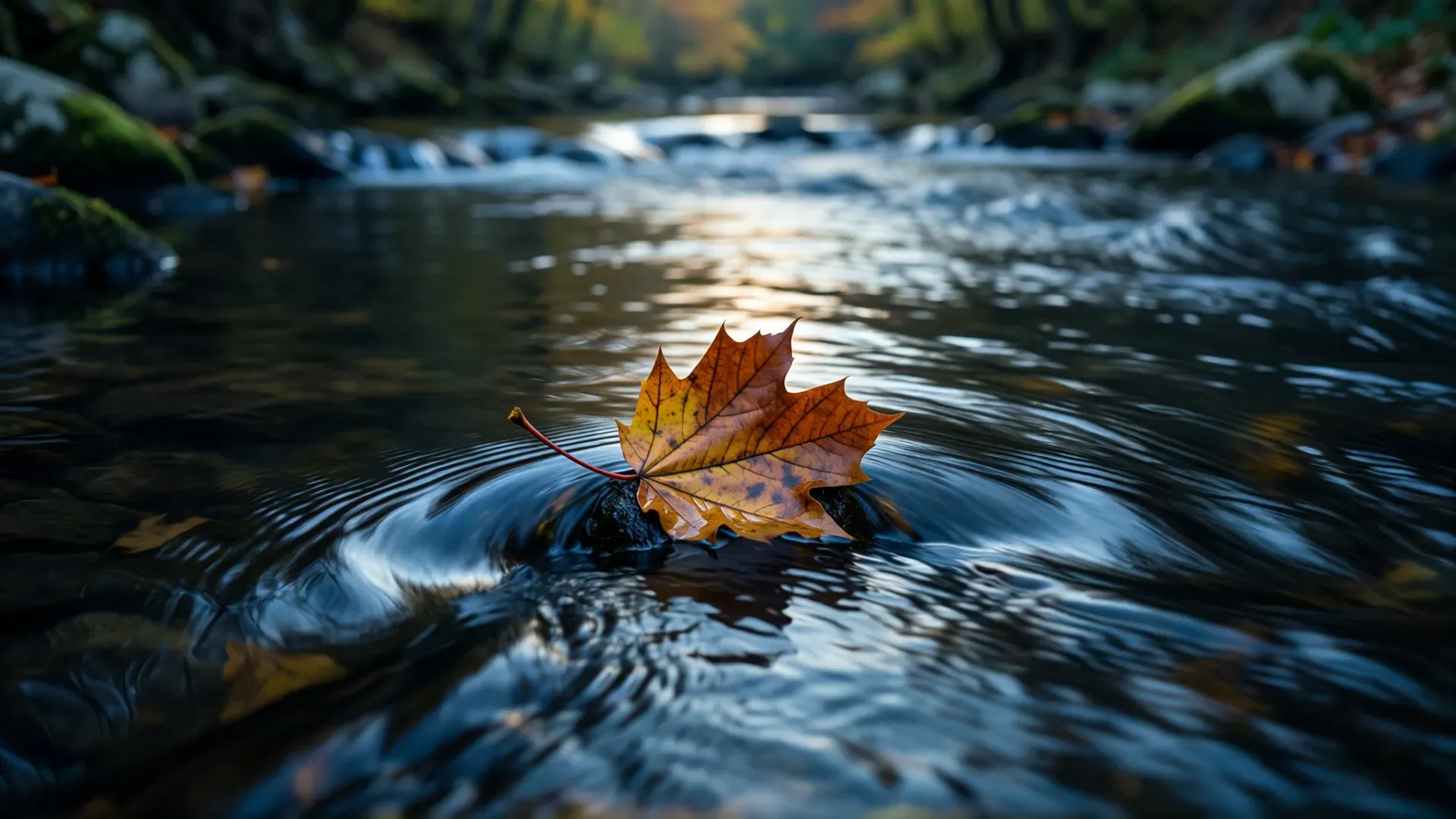 A single autumn leaf drifting on the dark rippling surface of a stream, lit by soft golden light