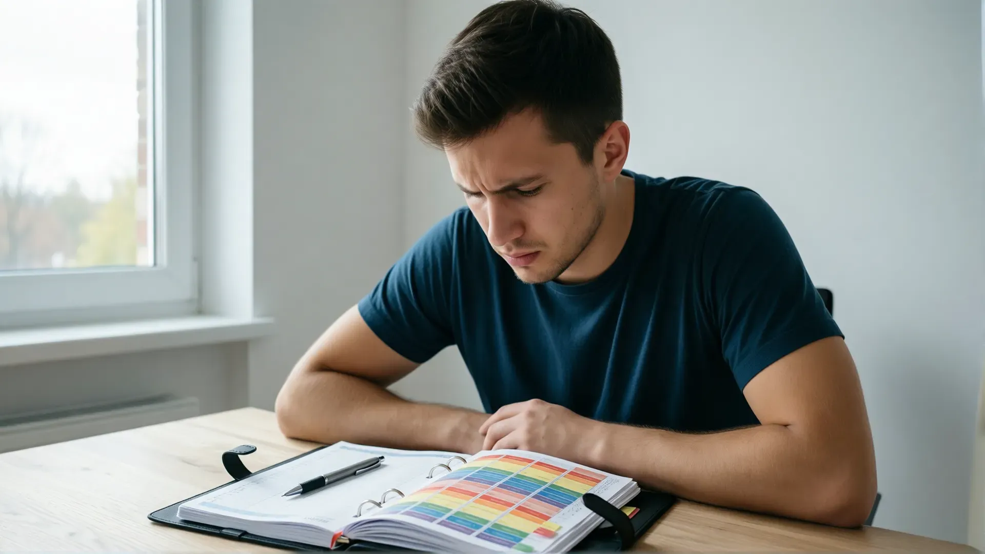 A young man at a desk staring down at an open planner filled with colour-coded time blocks, frozen and unable to start.