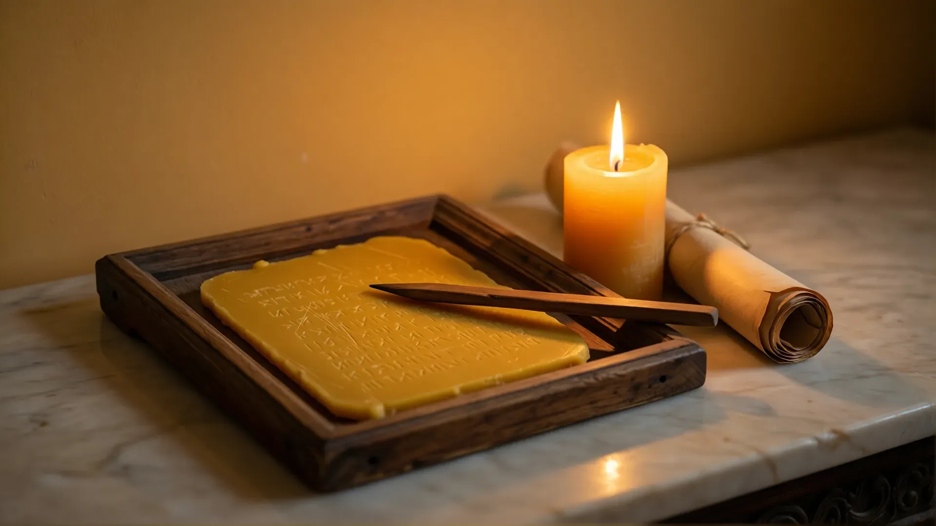 A Roman wax writing tablet in a wooden frame with a blunt wooden stylus, beside a lit beeswax candle and a rolled papyrus scroll on a marble surface