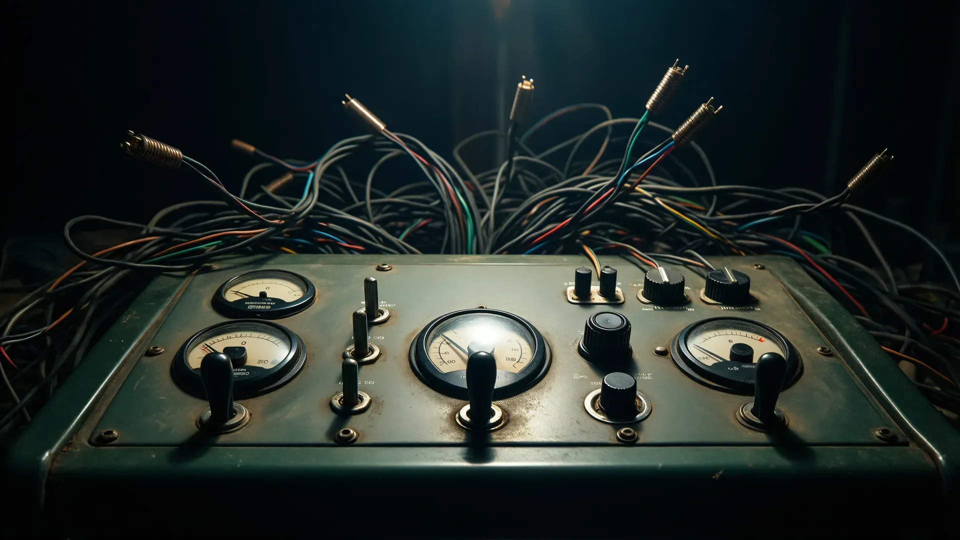 A vintage control panel of dials and levers whose wires are severed and trail off into darkness, connected to nothing.