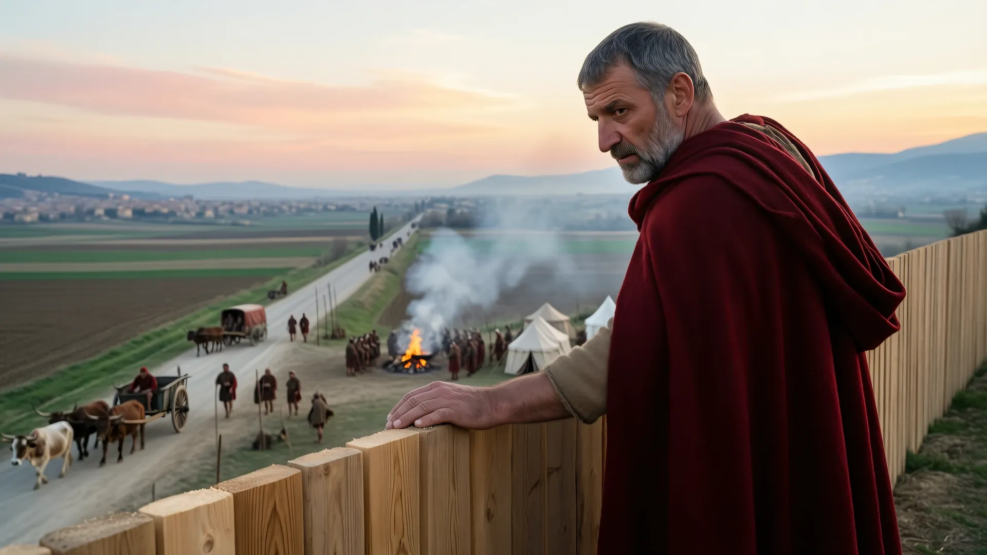 A grey-bearded Roman commander in a dark red cloak stands at the timber palisade of a frontier camp at dawn, one hand on the parapet and his body half-turned to leave, looking down over a wide valley where ox-carts, soldiers around a fire, tents and farmland are already at work.