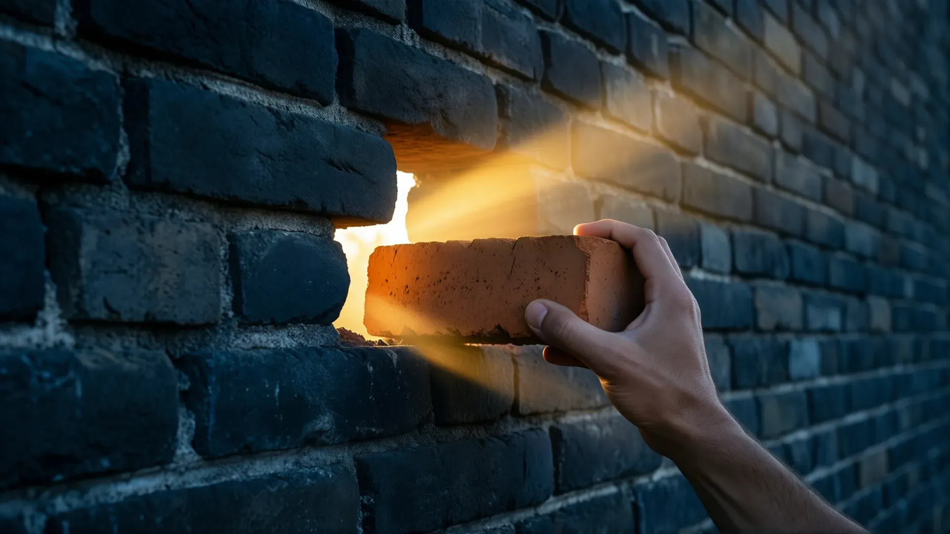 A hand lifting a single terracotta brick out of a dark brick wall, warm golden light breaking through the gap