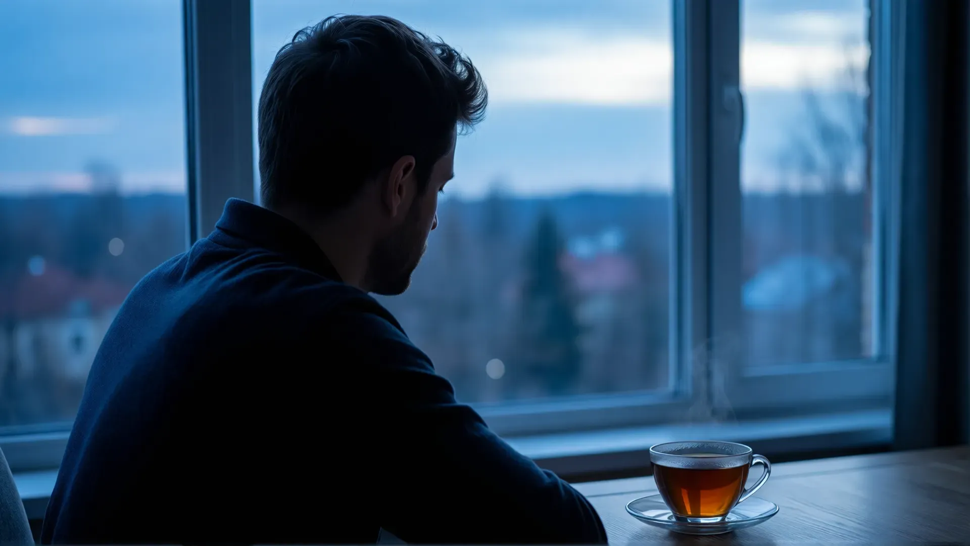 A man seen from behind sitting at a table by a large window at dusk, looking out over a darkening valley, a cup of tea cooling beside him