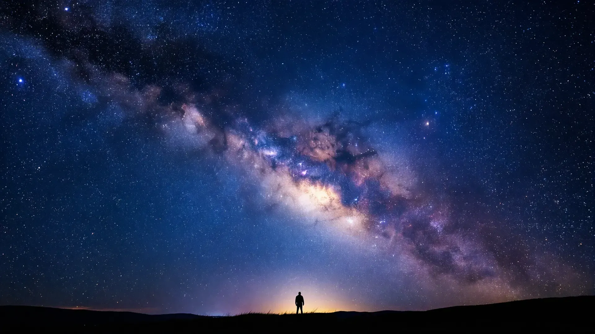 A tiny lone human silhouette standing beneath an immense night sky filled with the Milky Way and countless stars, dwarfed by the vastness.