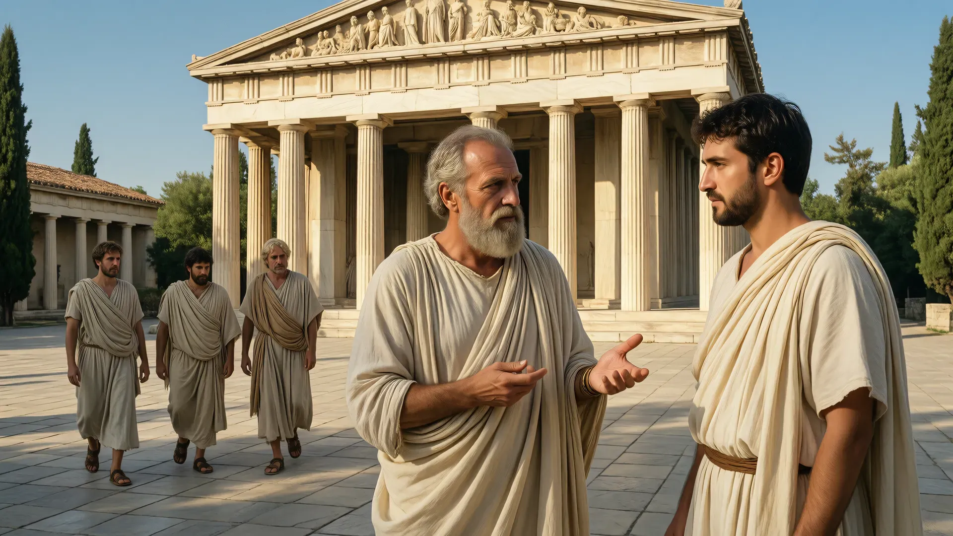 Two Greek men in close dialogue on the agora — an older grey-haired philosopher gestures open-handed while a younger man listens with visible concentration, a pristine Doric temple in the background, warm late afternoon light