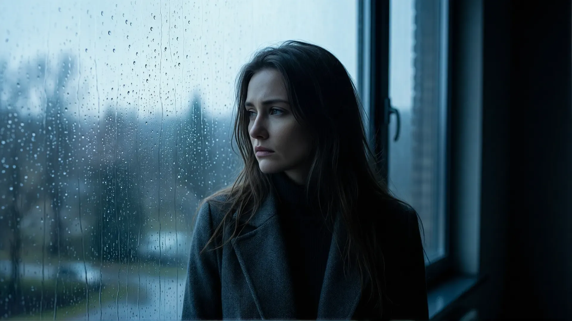 A woman gazing out of a rain-streaked window in cold blue light, lost in restless thought