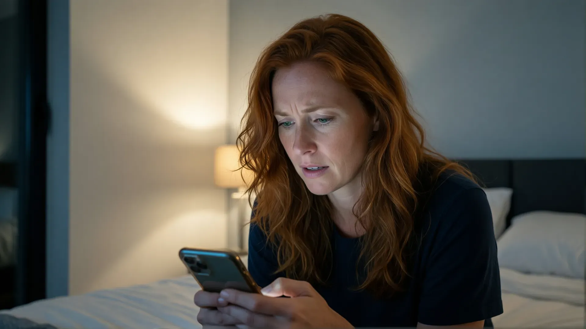 A woman with auburn hair sitting alone on a bed at night, looking at her phone with an anxious, hopeful expression in low lamplight
