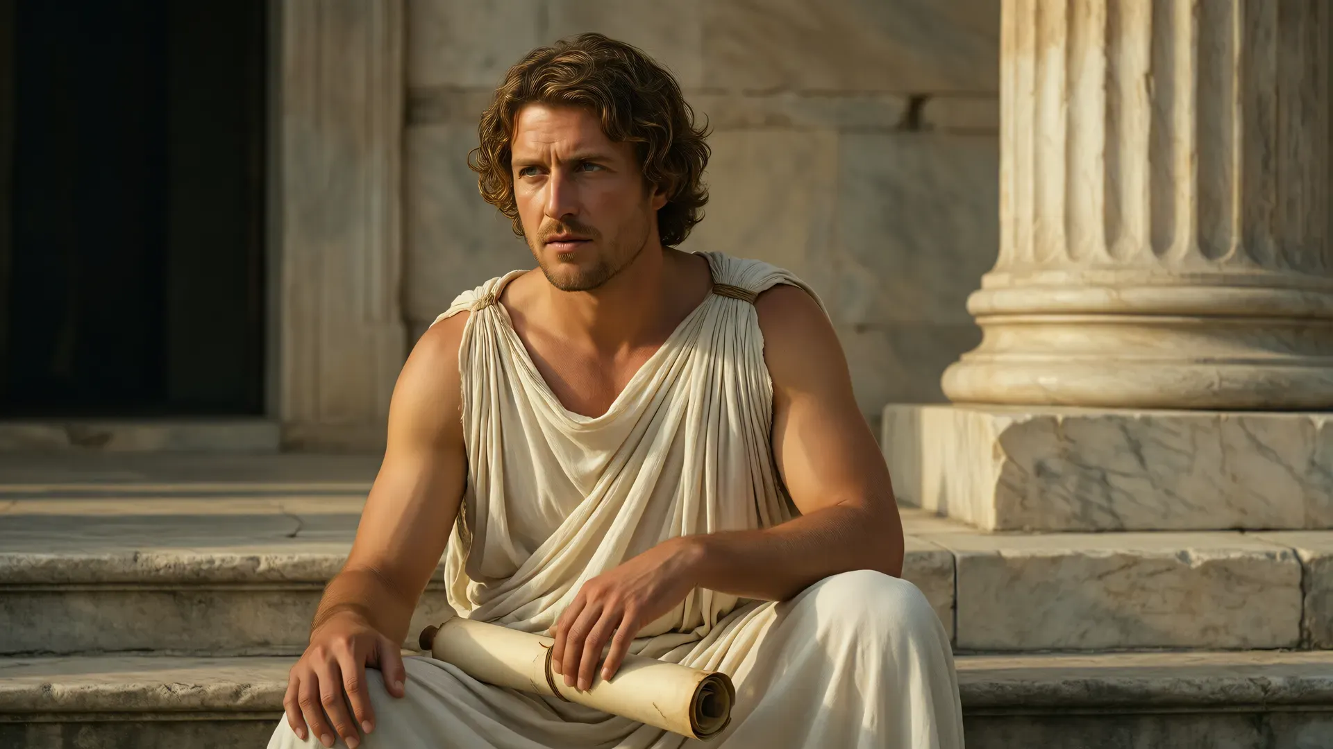 A young man in a classical Greek tunic sits on marble steps holding a scroll, gazing into the distance in warm Mediterranean sunlight