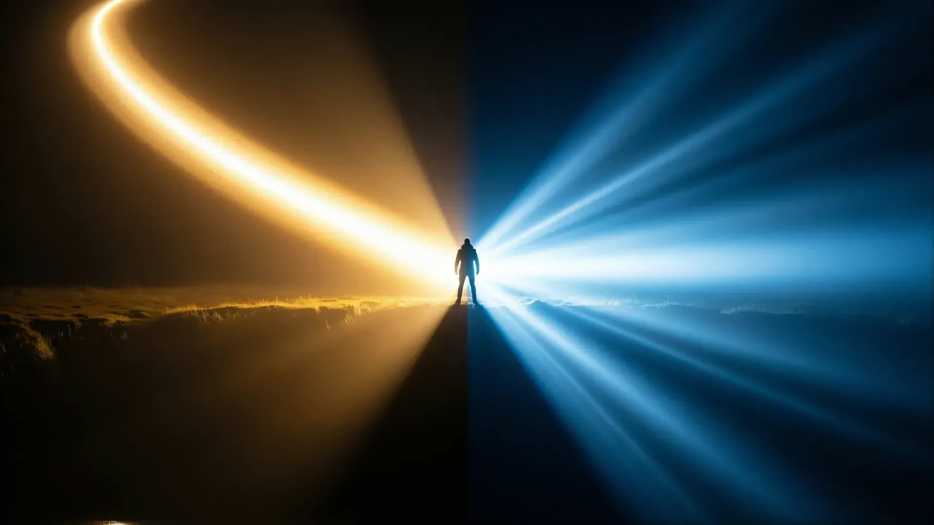 A shaft of light splitting into two diverging beams — one warm, curving up toward a solitary figure, the other cold and spreading outward — one drive with two outlets