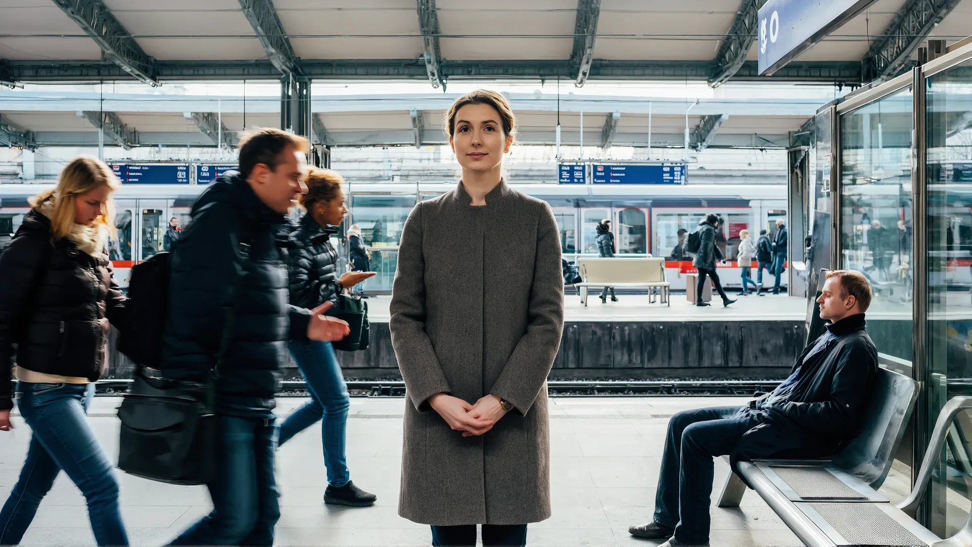 A woman stands calm and still in the centre of a busy railway platform; to her left blurred commuters rush past in motion, and to her right a man sits slumped and disengaged on a bench.