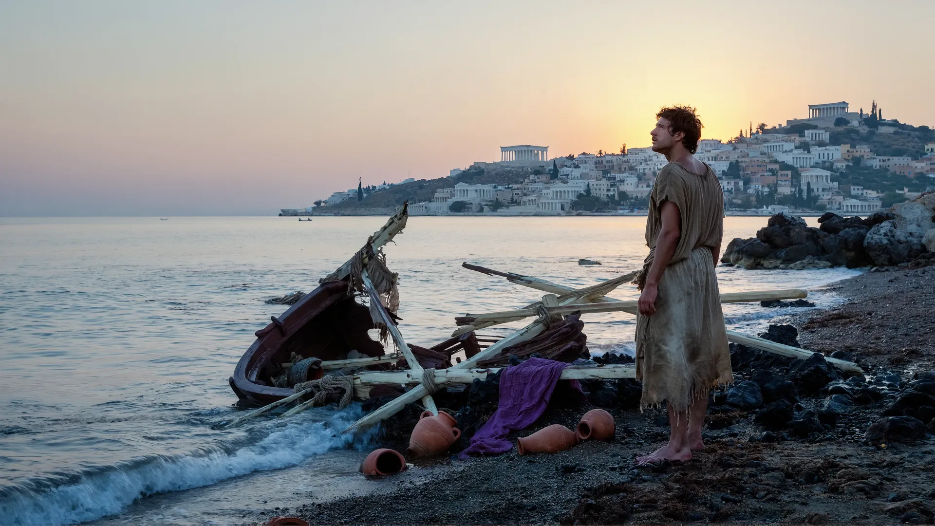 A man in a plain wet tunic stands barefoot on a rocky shore at dawn beside the fresh wreckage of a small merchant ship — spilled terracotta amphorae and a trailing bolt of purple cloth in the surf — his head turned away from the wreck toward a whole, inhabited Greek city of white marble temples on a distant hill.